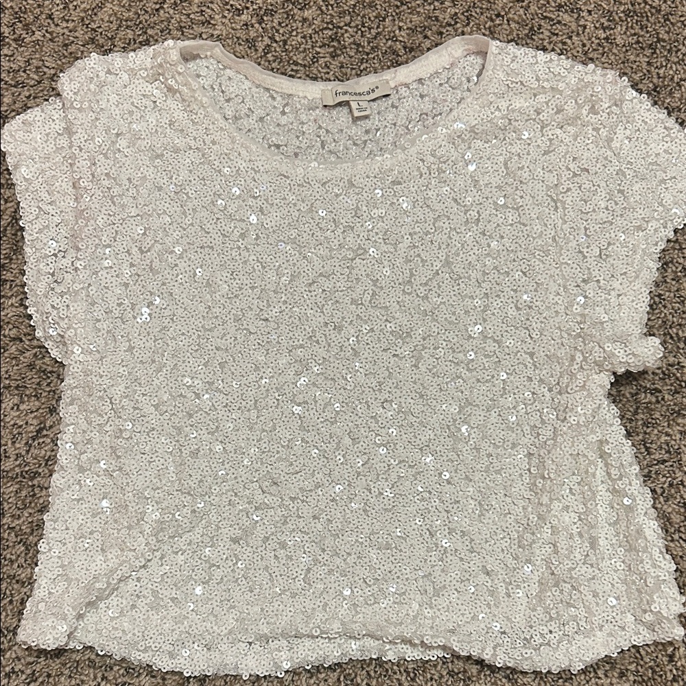 Francesca's Collections Short Sleeve Sequin Top - Cream